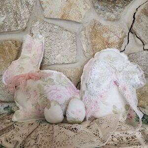 Vintage Romantic Pink Rose Bunny & Egg Set Vintage Lace & Floral Fabric